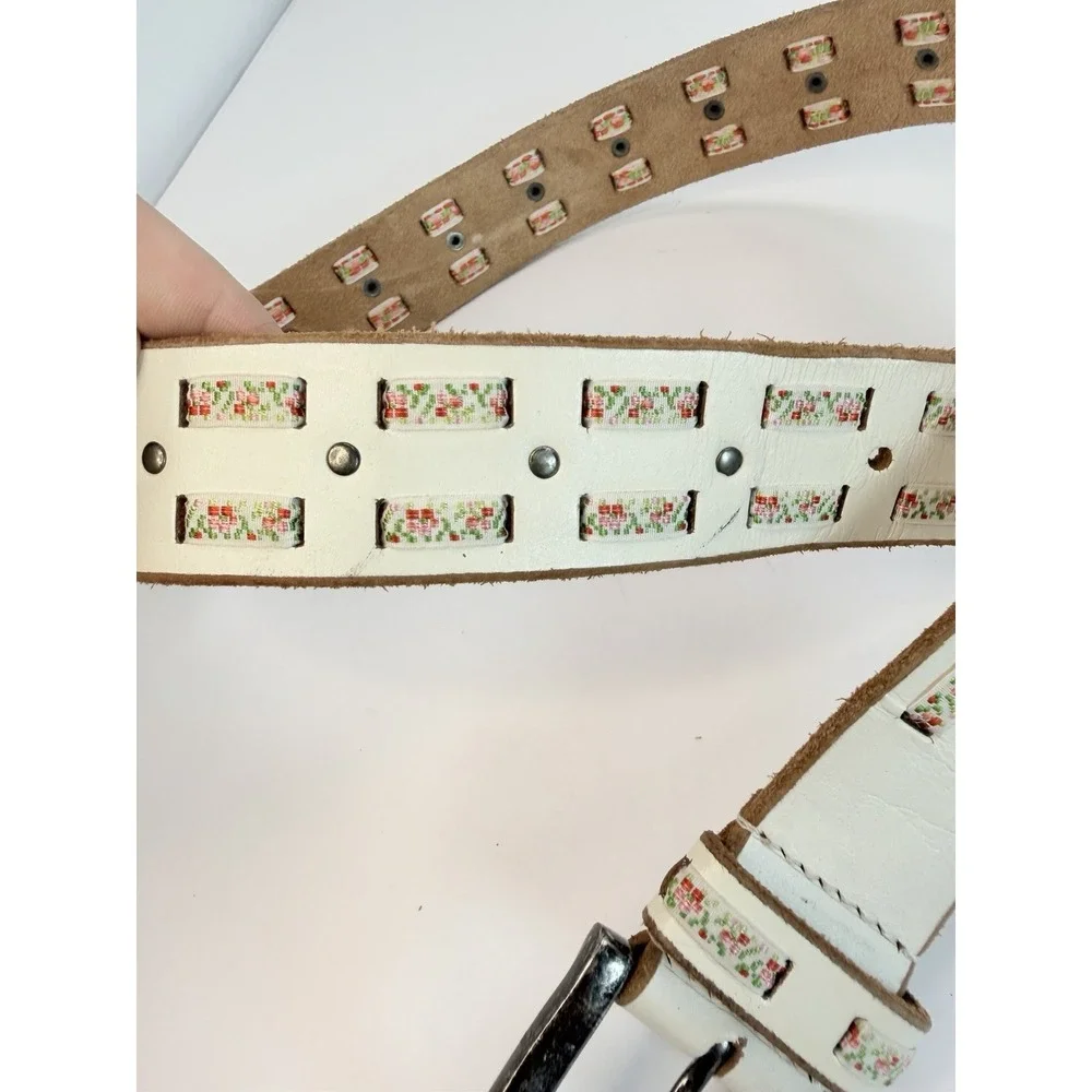 White Leather Belt Colorful Ribbon Accents Vintage Boho Style 31-34